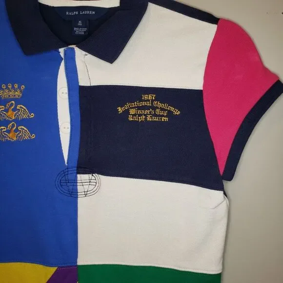 Girls POLO RALPH LAUREN Polo Shirt Size 10-12 Large Colorblock Patchwork - Picture 4 of 6